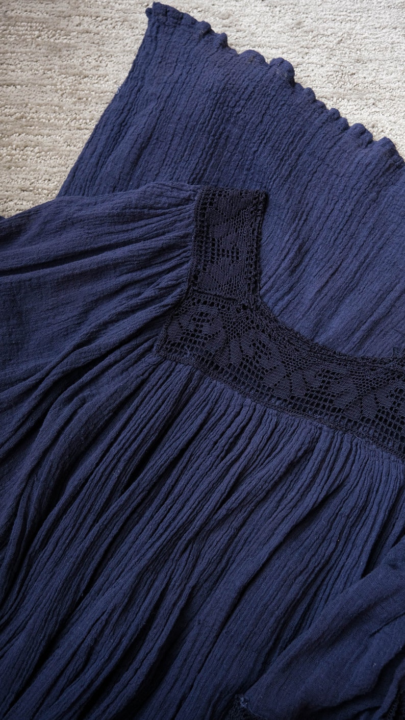 Vintage 70s Navy Blue Gauze Cotton Maxi Fairy Sleeve Peasant Dress w/ Macrame Trim 100% Gauze Cotton 1970s Bohemian Summer Day Dress image 9