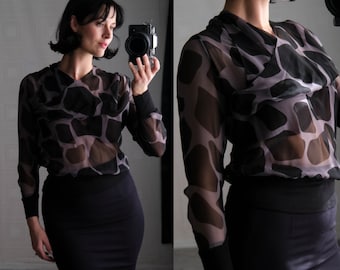 Vintage 80s UNGARO TER Black & Gray Sheer Silk Giraffe Print Cuffed Blouse w/ Wrap Cowl Neck | 100% Silk | 1980s French Designer Silk Top