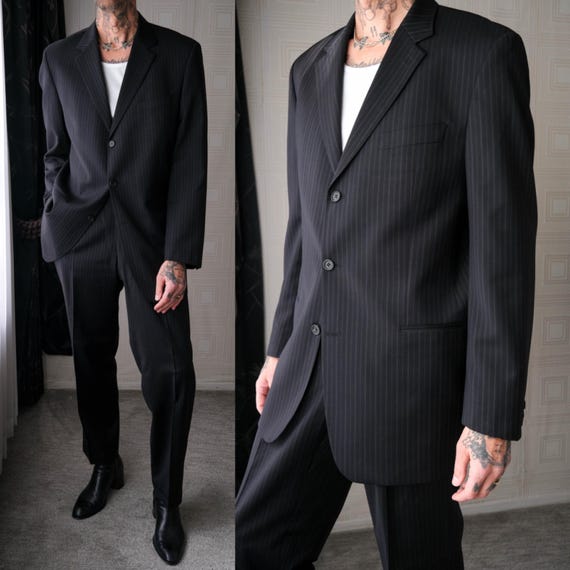 Vintage 90s HUGO BOSS Einstein Black & Navy Pinstripe Wool