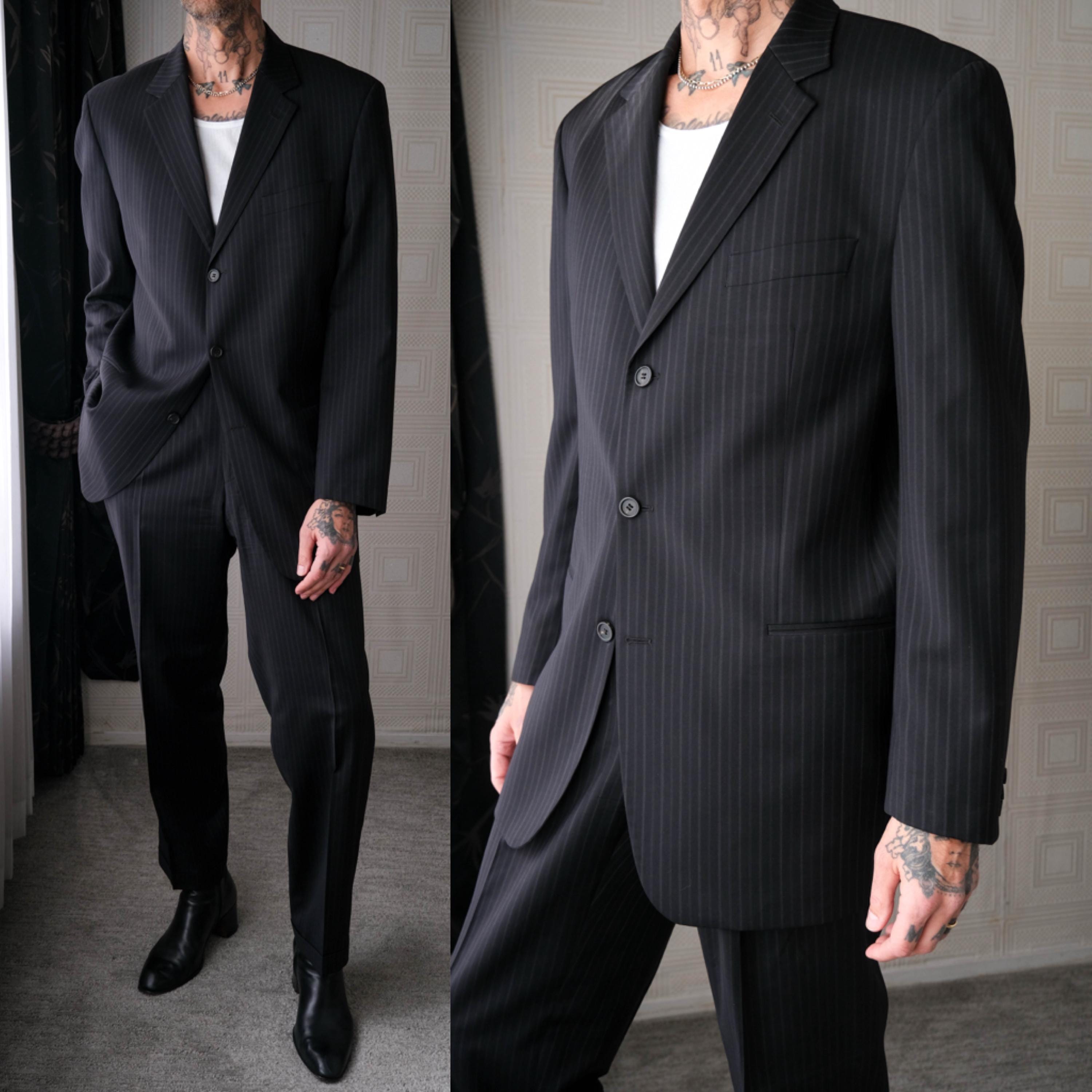 90s USA製 HUGO BOSS スーツ 42R テーラード ジャケット Vintage 90s HUGO BOSS Einstein Black & Navy Pinstripe Wool