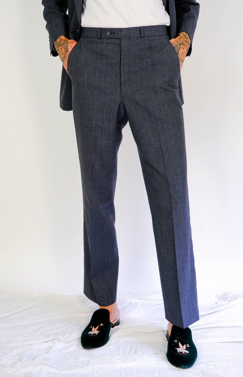 Vintage 80s Yves Saint Laurent Navy Blue Shadow Multi Stripe Wool Gabardine Suit Made in France 1970s 1980s YSL Designer Tailored Suit image 5