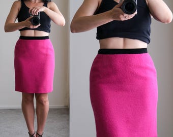 Vintage 90s ESCADA Magenta Cashgora & Black Velvet Mini Skirt | Angora, Cashgora, New Wool, Cotton, Rayon Blend | 1990s Y2K Luxury Skirt