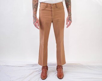 Vintage 70s LEVIS 517 Golden Khaki Sta Prest Bootcut Pants | Made in USA | Size 34x29 | 100% Polyester | 1970s LEVIS Retro Flare Leg Pants