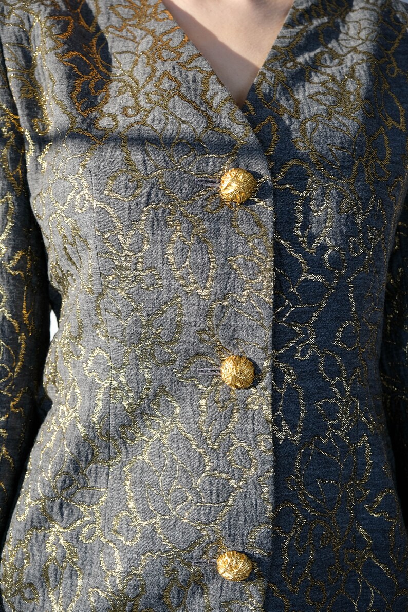 Vintage 80s Givenchy Gray & Metallic Gold Floral Brocade Broad Shoulder Blazer w/ Gold Wire Buttons Made in France 1980s Designer Jacket image 5