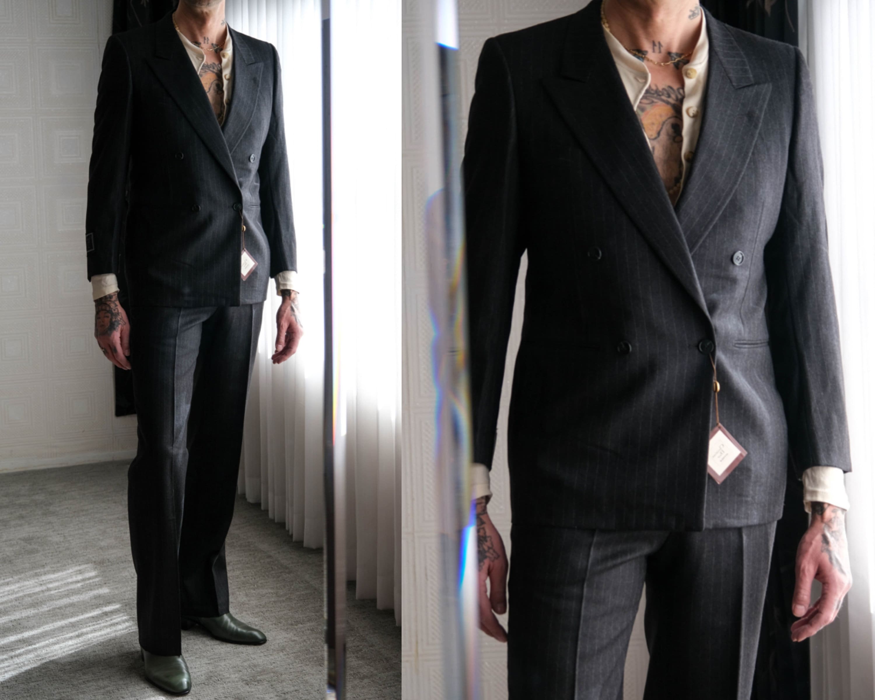 Vintage 80s CHRISTIAN DIOR Herringbone Stipe Wool Double