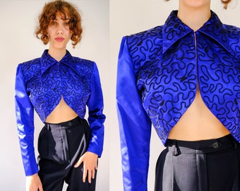 Vintage 80s Norma Kamali Couture Sapphire Blue Silk Bolero Jacket w/ Black Soutache Swirl Design | Western, Boho | 1980s OMO Designer Jacket