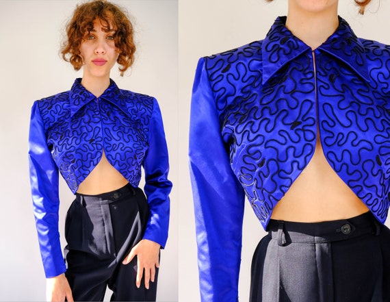 Vintage 80s Norma Kamali Couture Sapphire Blue Si… - image 1