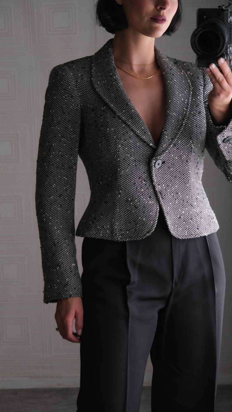 GIORGIO ARMANI Black & White Peppered Boucle Shawl Collar Bolero Blazer w/ Silk Lining Made in Italy Y2K 2000s ARMANI Designer Jacket image 4