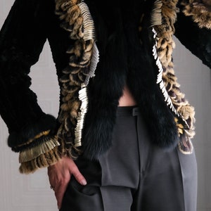 Vintage 90s CEDRICS Black & Tan Frosted Knit Fur Crop Zip Jacket w/ Gold Leather Fringe Cuffs 100% Genuine Fur 1990s Designer Fur Coat image 5