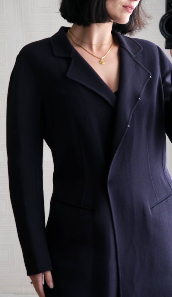 Vintage DONNA KARAN Black Label Navy Wool Stretch Longline Unstructured Coat w Leather Pony Hair Engineered Belt Y2K DKNY Designer Jacket