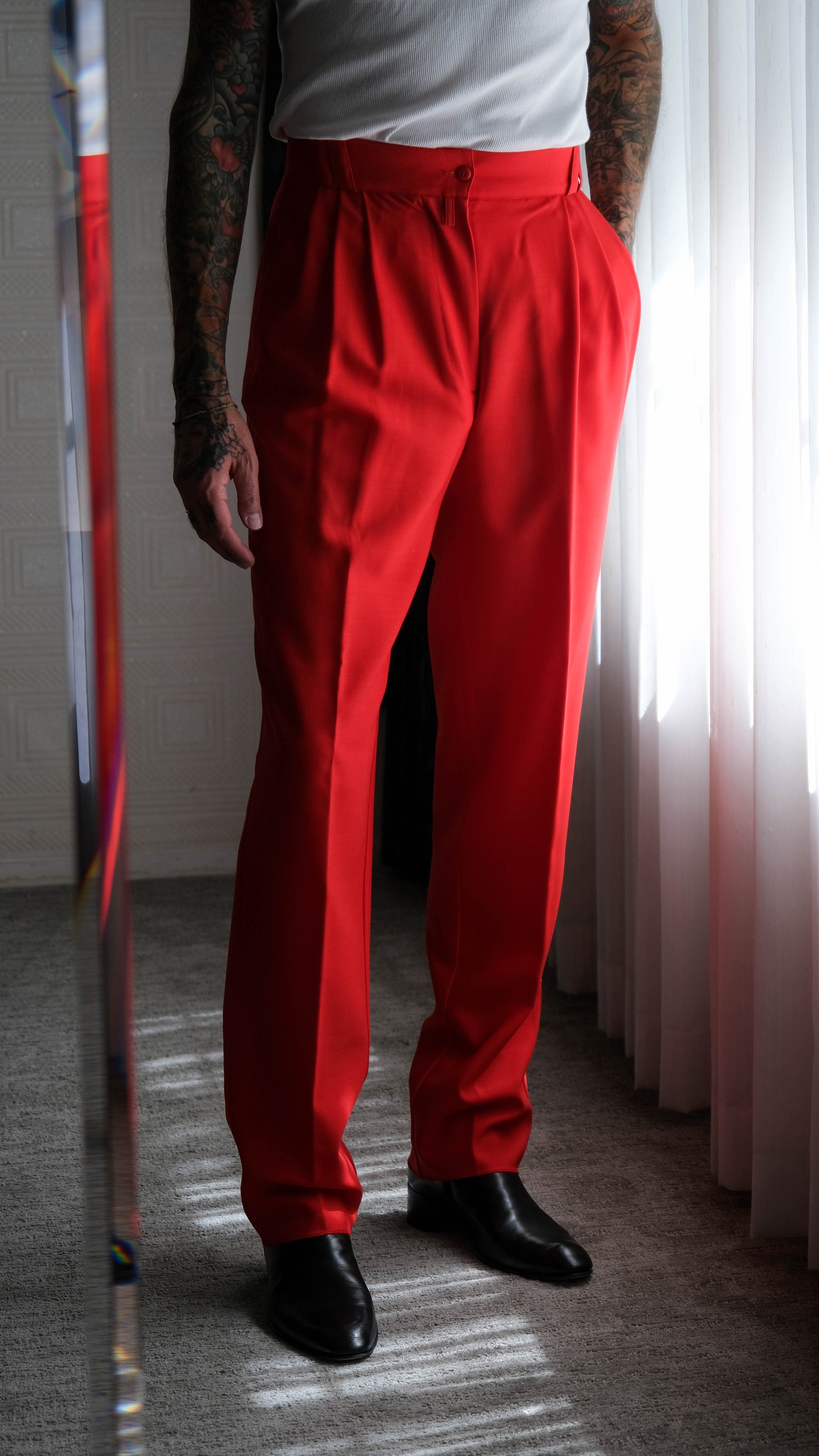 Vintage 90s Gianni Versace Red Triple Pleated Tapered Pants