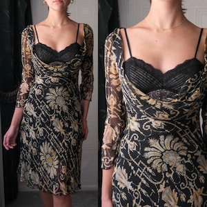 Vintage Diane Von Furstenburg Bias Cut Black & Ivory Baroque Print Sheer Silk Mini Dress | 100% Silk | Y2K 2000s DVF Designer Mini Dress
