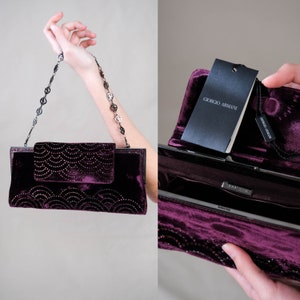 GIORGIO ARMANI Merlot Velvet Art Deco Rhinestone Convertible Handbag Clutch w/ Original Tags | Made in Italy | Designer Handbag Deadstock