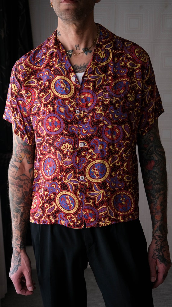 Vintage 50s Gentry Rayon Folk Art Floral Paisley Vibrant Print 