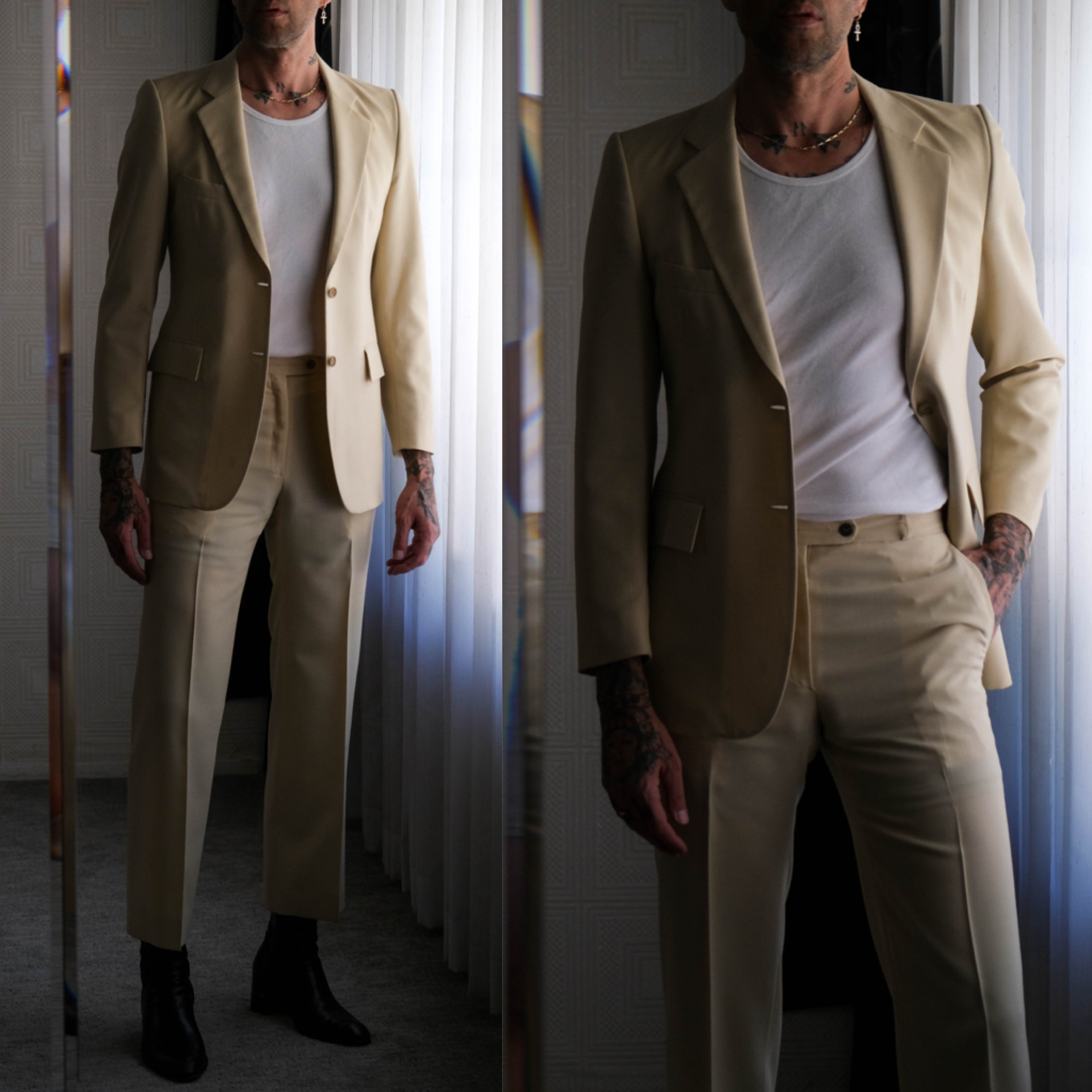 Vintage 70s Yves Saint Laurent Light Beige Gabardine Flare Leg
