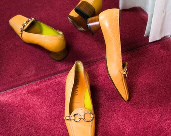 Vintage PRADA Square Toe Leather O Ring Logo Strap Loafers W