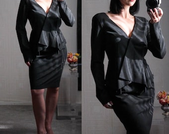 美品■DKNY■シルク＆レースセットアップ　ブラウス＆スカート■黒■size4 DONNA KARAN Black Label Charcoal Gray Asymmetrical Wrap Pleated