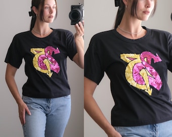Vintage 90s ESCADA by Margaretha Ley Hello Angel Collection Sequined Graffiti Inspired Cotton Tee | Made in W Germany | 100% Silk | Top