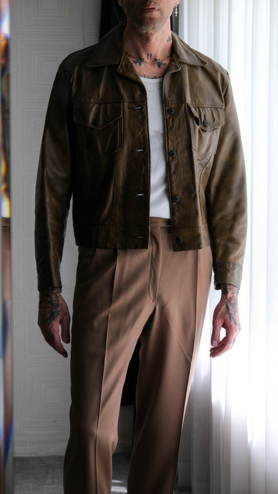 Vintage 70s Chocolate Brown Leather 2 Pocket Trucker Jacket