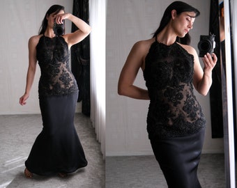 Vintage 80s San Carlin for Saks Fifth Avenue Black Beaded Baroque Corset Halter Mermaid Gown | Made in USA | 1980s Designer Evening Dress