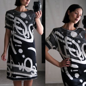 Vintage 70s LEONARD PARIS Black & White LEONARD Graffiti Script Abstract Print Dress | Made in Italy | 100% Cotton | 1970s Designer Dress