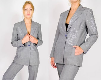 Vintage Richard Tyler Collection Light Gray Cross Hatch Gabardine Pant Suit w/ Square Silver Stud Design | Made in Italy | Y2K Designer Suit