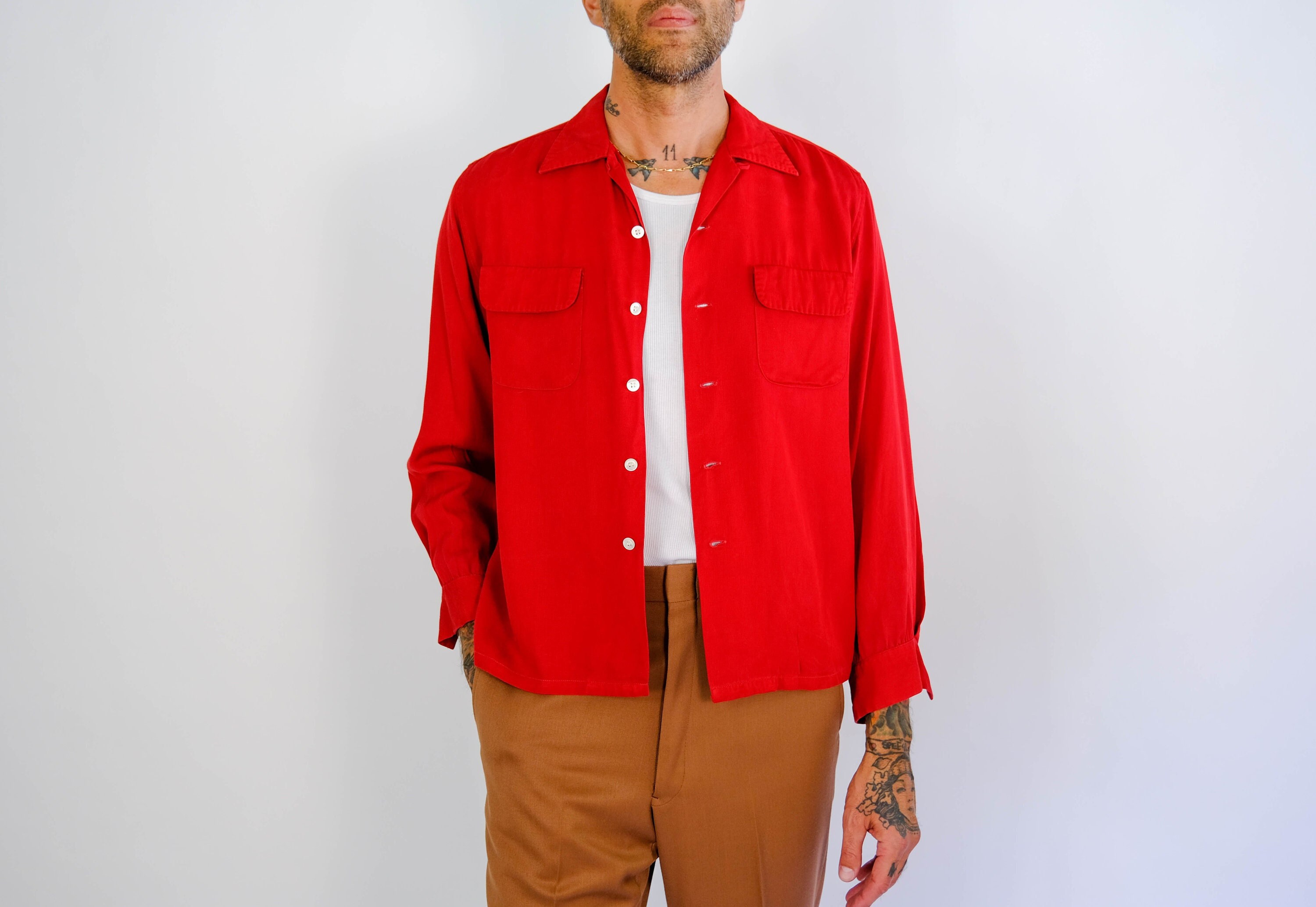 50s MCGREGOR rib shirt rayon gyabardine-