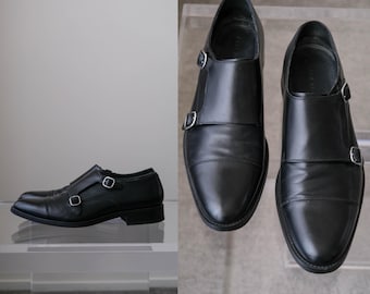 Vintage COLE HAAN Grand OS Black Leather Double Monk Strap Shoes | 100% Genuine Leather | Size 11 M | Y2K 2000s Designer Mens Dress Loafers