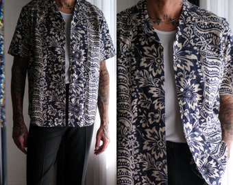 Vintage 90s POLO Ralph Lauren Bonnard Indigo Floral Linen Camp Collar Shirt | Linen/Cotton Blend | 1990s RL POLO Designer Mens Aloha Shirt
