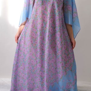 Vintage 70s Saks Fifth Ave. Sky Blue Lilac Floral Print Maxi Dress w/ Hand Rolled Fairy Sleeves Made in Italy 1970s Designer Boho Dress image 2