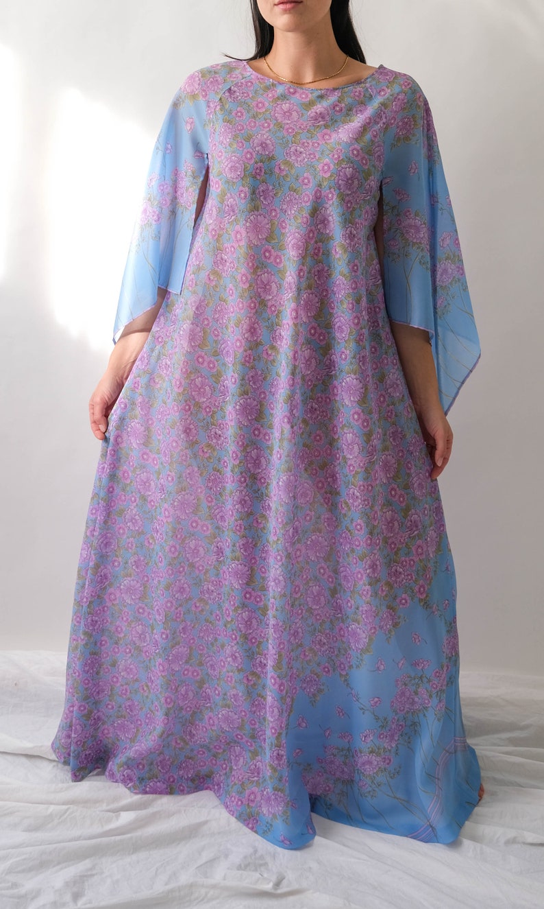 Vintage 70s Saks Fifth Ave. Sky Blue Lilac Floral Print Maxi Dress w/ Hand Rolled Fairy Sleeves Made in Italy 1970s Designer Boho Dress image 2