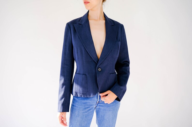 Vintage Ralph Lauren Blue Label Navy Silk 1940s Style Cropped Blazer Unworn w/ Tags Made in Japan 100% Silk Y2K RRL Designer Jacket image 4