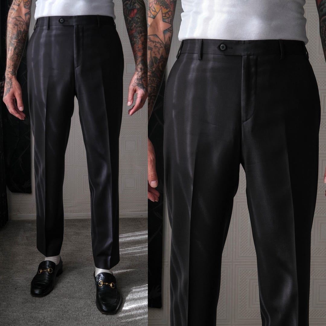 creator 80s 90s wool 絣 slacks 黒×白 50s Vintage 90s ZANELLA Black Wool Gabardine Mod Flat Front Slacks