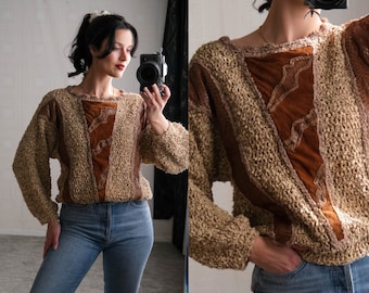 Vintage 70s Sonia Knitwear Sweater w/ Suede and Snakeskin | Macrame Knit | Hand Made, Scalloped Sweater, 70s, 1970s Designer Sweater, Boho