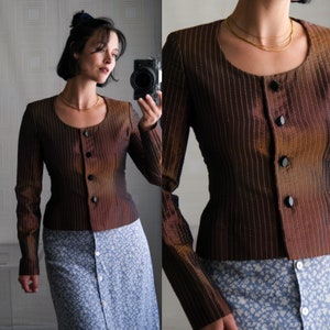 Vintage 80s BILL BLASS for Neiman Marcus Copper Iridescent Striped Silk Jacket w/ Reflecting Buttons | Made in USA | 1980s Designer Bolero