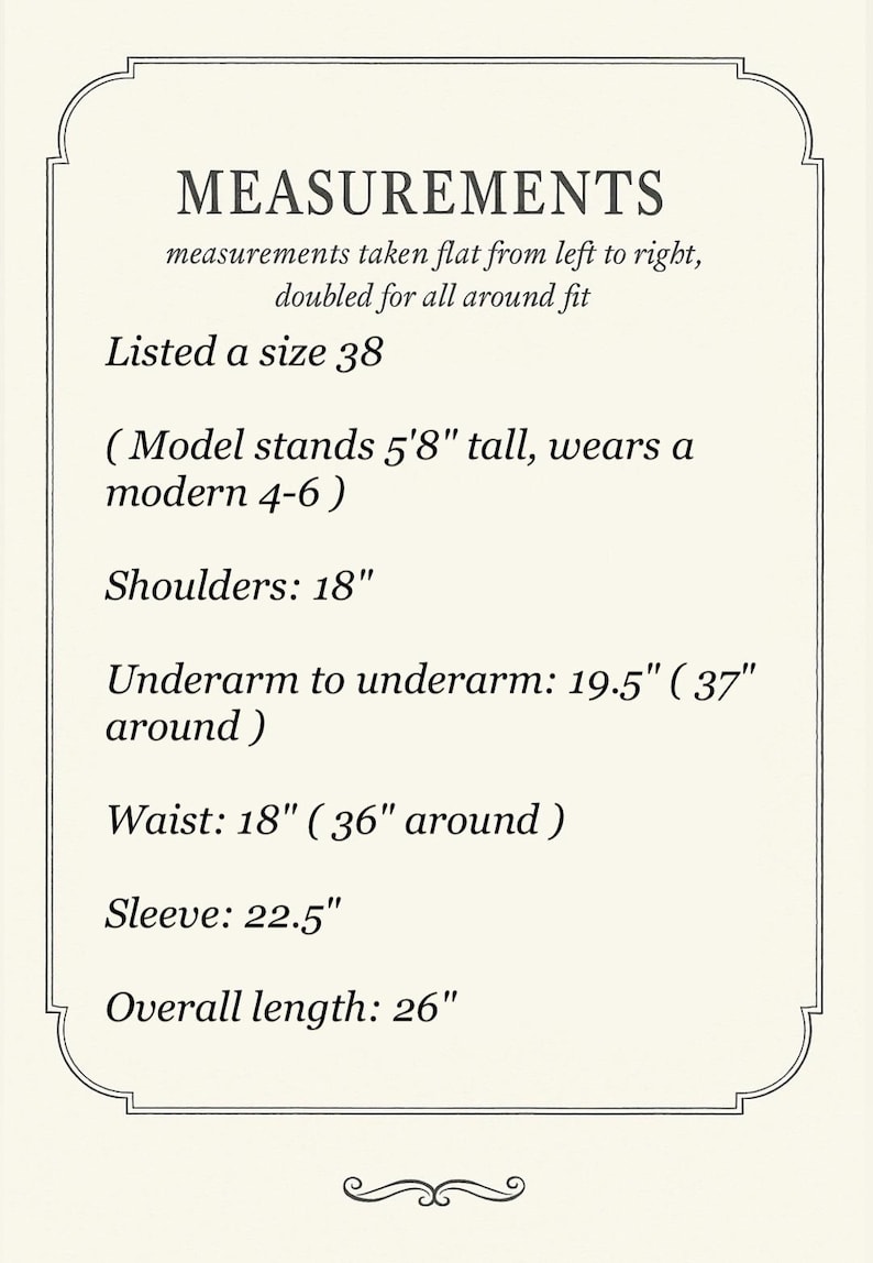 Peut inclure: Carte cr&egrave;me avec texte noir indiquant les mesures d'un v&ecirc;tement. Comprend la taille 38, largeur d'&eacute;paule 45.7 cm, aisselle &agrave; aisselle 49.5 cm (94 cm de tour), taille 45.7 cm (91.4 cm de tour), longueur de manche 57.2 cm et longueur totale 66 cm.