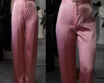 Pantalón vintage de satén líquido rosa chicle de los años 70 con cintura alta y cierre plateado / Fabricado en EE. UU. / Pantalones de satén de la era disco glam de diseñador de los años 70