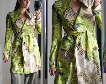 Vintage 80s Alberto Makali Lime Green & Animal Print Trench Coat W