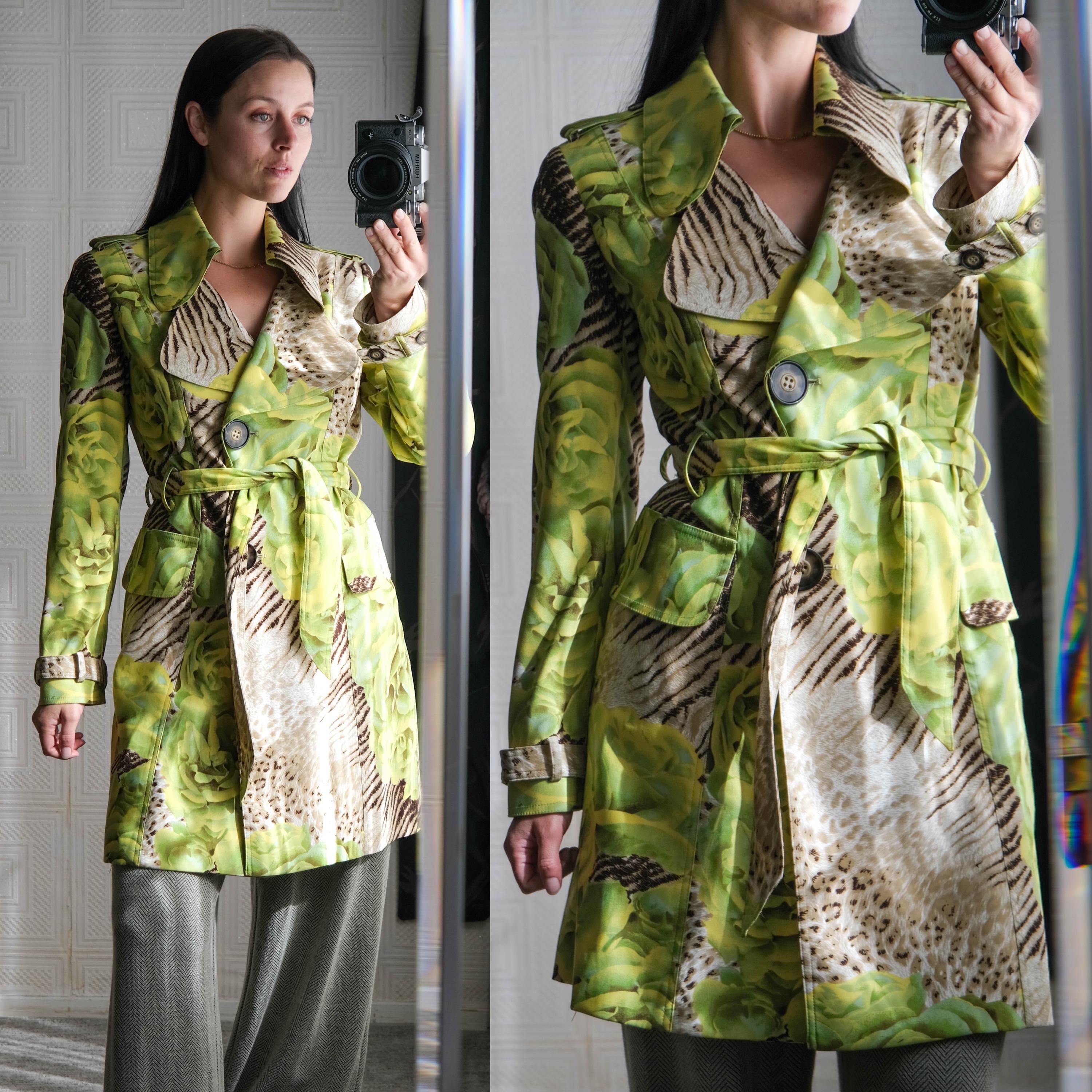 Vintage 80s Alberto Makali Lime Green & Animal Print Trench Coat W