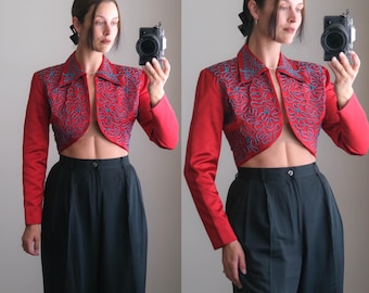 Vintage 1987 NORMA KAMALI Iconic & Rare Matador Style Cropped Cherry Red and Blue Embroidered Bolero Jacket | 100% Silk | 1980s Designer Top