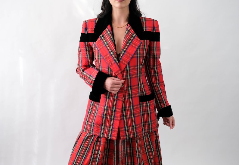 Vintage 90s Jacques Fath Boutique Quilted Red Plaid & Black Velvet Blazer w/ Gold Logo Buttons Made in Paris 1990s French Designer Coat image 1