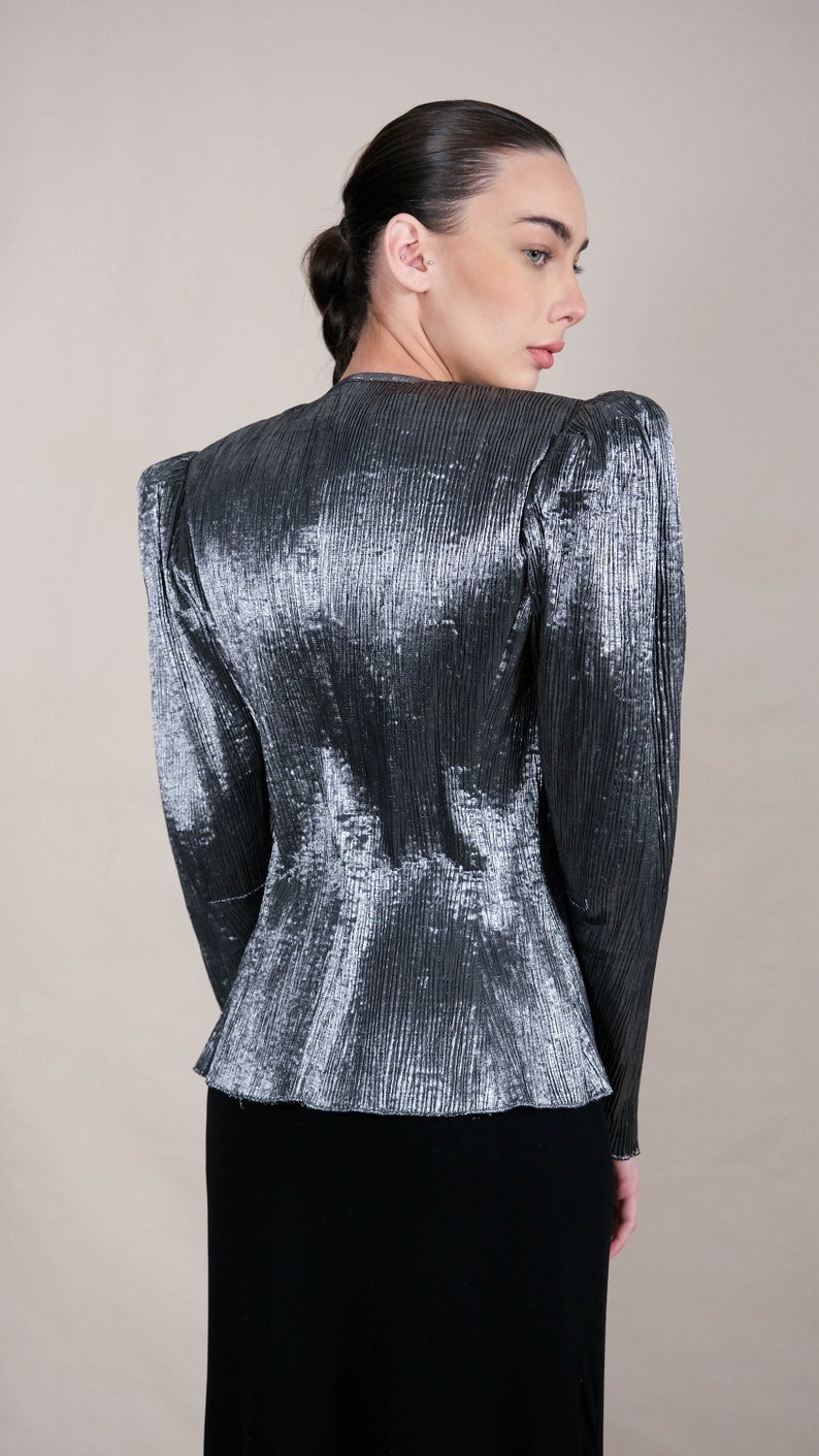 Vintage 80s Krizia Gun Metal Silver Fortuny Pleated Poof Shoulder Blouse Jacket Made in Italy 1980s Designer Avant Garde Shirt Blazer image 6