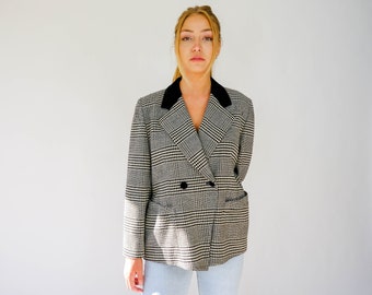 Vintage 80s ESCADA Black & White Houndstooth Plaid Double Breasted Blazer w/ Velvet Accents | Made in W. Germany | 1980s Designer Jacket