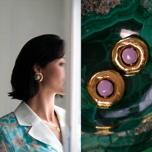 Vintage 80s EMANUEL UNGARO Signed Hammered Gold Geometric Chunky Clip On Earrings w/ Lavender Accent | 1980s Designer Statement Jewelry