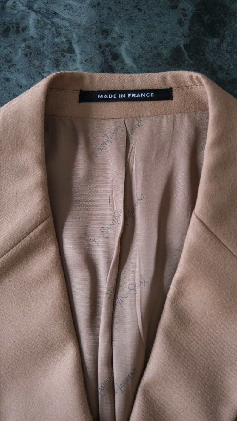 Vintage 70s Yves Saint Laurent Camel Tan Wool Gabardine Three Piece Flare Leg Suit Made in France 1970s YSL Designer Tailored Mens Suit image 9