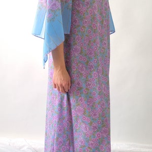 Vintage 70s Saks Fifth Ave. Sky Blue Lilac Floral Print Maxi Dress w/ Hand Rolled Fairy Sleeves Made in Italy 1970s Designer Boho Dress image 7