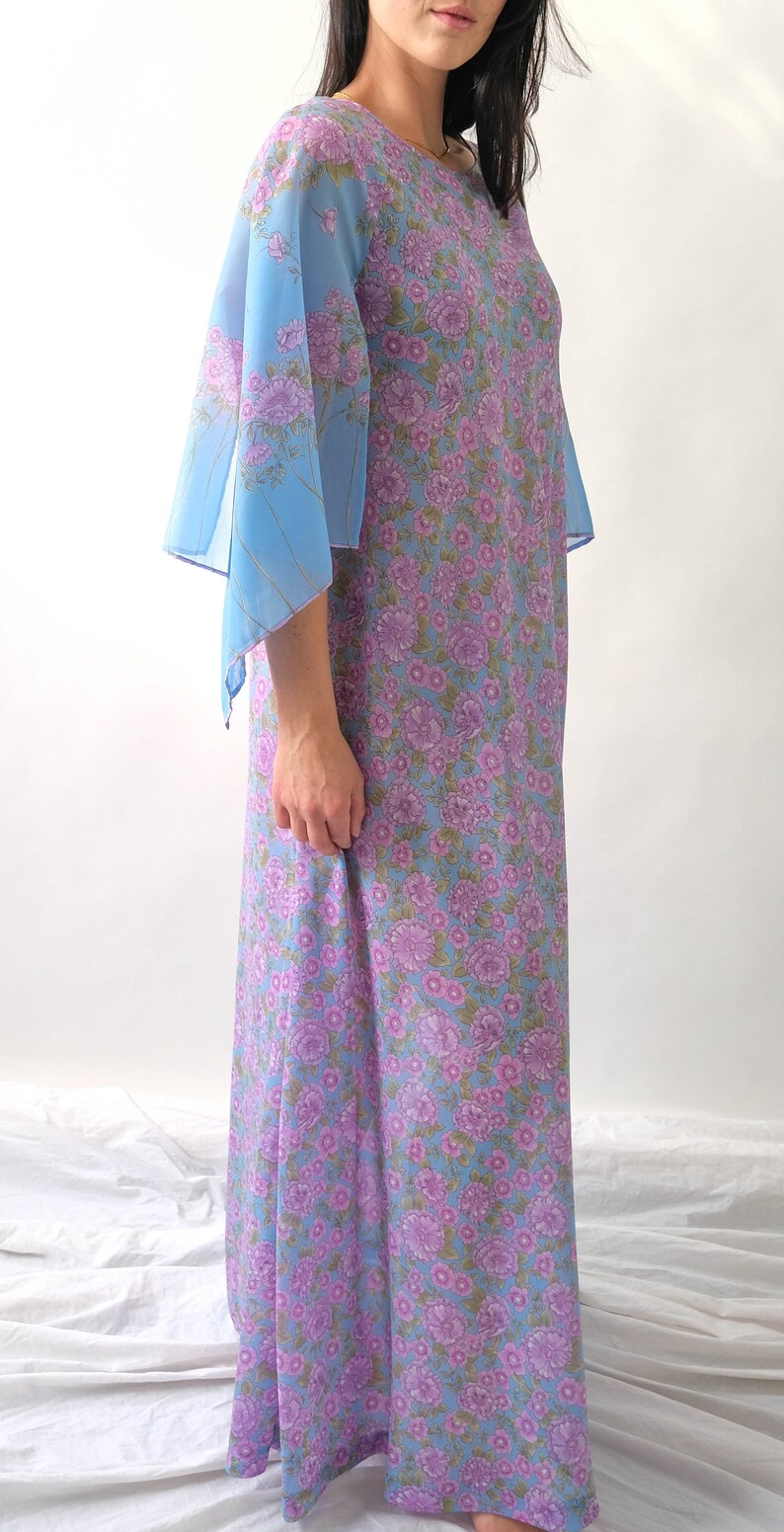 Vintage 70s Saks Fifth Ave. Sky Blue Lilac Floral Print Maxi Dress w/ Hand Rolled Fairy Sleeves Made in Italy 1970s Designer Boho Dress image 7