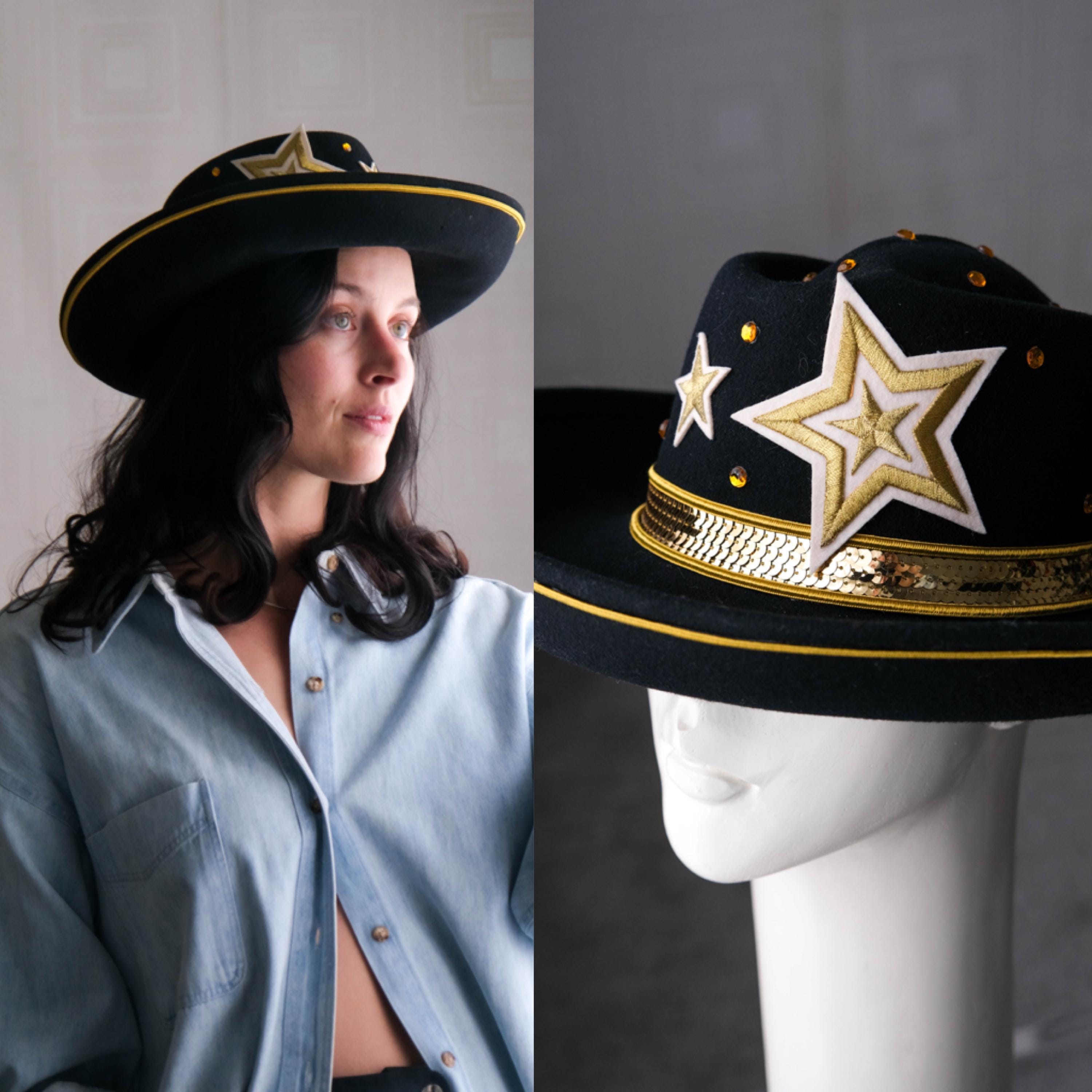 Vintage 80s CACHE Black & Gold Wool Felt Wide Rolled Brim 