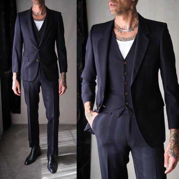 Vintage 70s Yves Saint Laurent Navy Gabardine Three Piece Flare