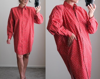 Vintage 80s NORMA KAMALI Red, Black & White Polkadot Print Power Shirt Dress w/ Original Shoulder Pads | Made in USA | 1980s Designer Dress